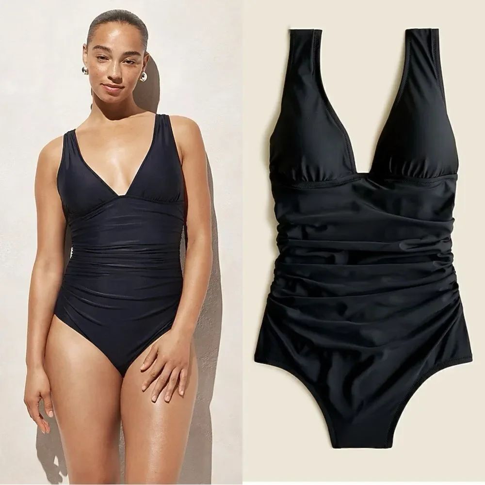 NWT J CREW Ruched V-neck one-piece swimsuit in black